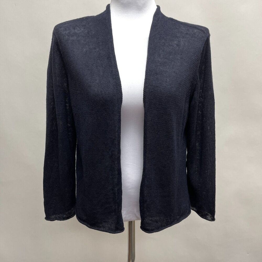 Eileen‎ Fisher Women's Cardigan Top Large Navy Blue Open Front 100% Linen